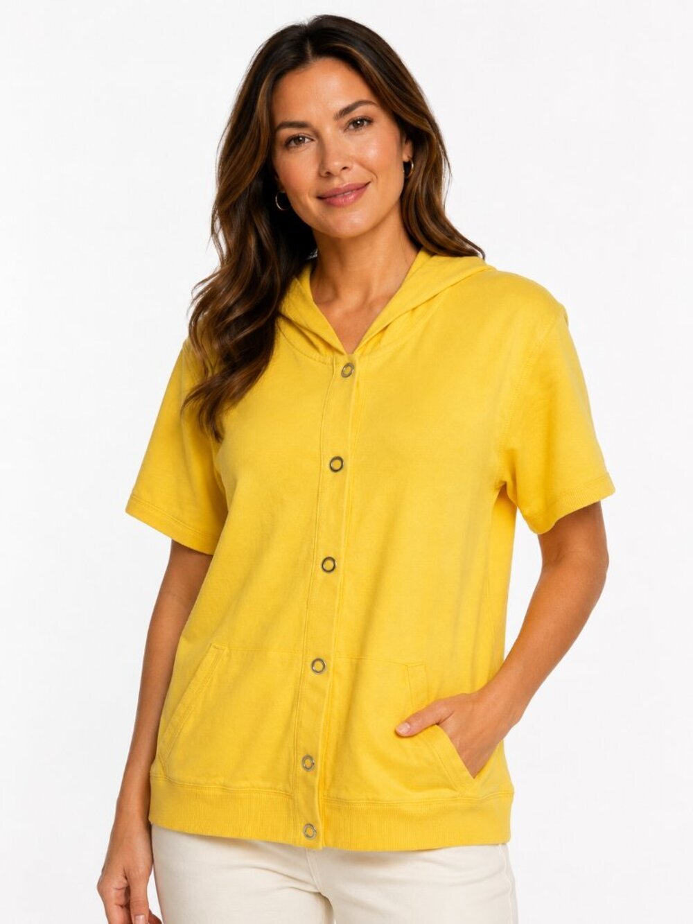 Style & Co Sport Hooded Snap Front Short Sleeve Top Yellow Large
